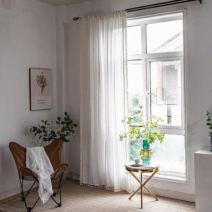 Sutuo Home White Boho Curtains 63 Inches Long for Kitchen Nursery, Light Filtering Shabby Chic Tassels Farmhouse Ivory Window Treatment Hollow Stripes Bohemian Embroidery Drape 1 Panel 52" W x 63" L