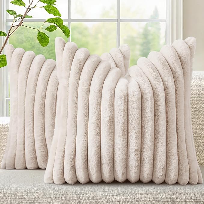 decorUhome Faux Fur Spring Throw Pillow Covers 16x16 Set of 2, Decorative Soft Plush Striped Neutral Couch Pillow Covers with Velvet Back for Sofa, Bed, Living Room Home, Beige