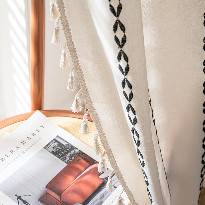 Sutuo Home Boho Curtains 96 Inches Long, Bohemian Drape for Bedroom Living Room, Privacy Country Rustic Semi Blackout Farmhouse for Halloween Decor Rod Pocket, 1 Panel W52 x L96 White and Black
