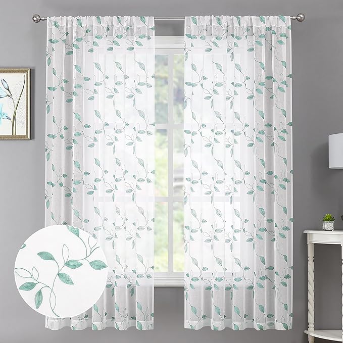 Tollpiz Teal Blue Leaf Sheer Curtain Leaves Embroidered Bedroom Curtains Rod Pocket Voile Window Treatments for Living Room, 38 x 63 inches Long, Set of 2 Panels