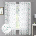 Tollpiz Teal Blue Leaf Sheer Curtains Leaves Embroidered Bedroom Short Curtain Rod Pocket Voile Window Treatment for Living Room, 38 x 54 inches Long, Set of 2 Panels