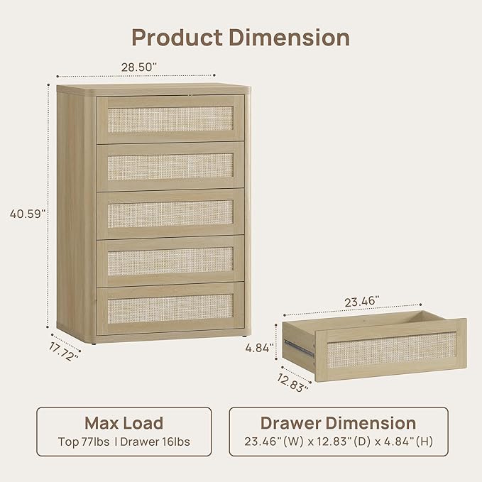 SICOTAS Tall Dresser for Bedroom - Rattan 5 Drawer Dressers Chest of Drawers with Push-to-Open Design, Boho Extra Deep Clothes Dresser with Large Storage for Closet, Living Room, Sand Oak