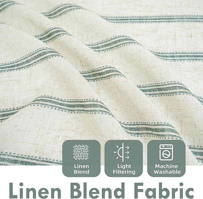 DriftAway Farmhouse Vertical Striped Linen Blend Textured Light Filtering Semi Sheer Curtains for Living Room Bedroom 96 Inches Long Drapes 2 Panels Linen Loden Green