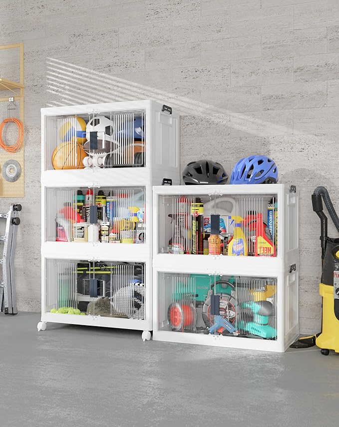 OlarHike 97QT Stackable Storage Bins with Lids - Folding Storage Box with Doors and Wheels, Collapsible Plastic Storage Drawers for Closets, 5 Pack Cubes