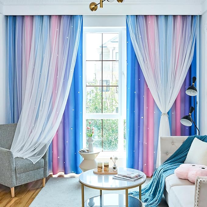 Star Blackout Curtains for Bedroom - Cute Kids Rainbow Curtains, 84 Inch Long 2 Panels, Blue, Purple & Pink, 42 x 84 Inches