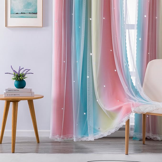 XiDi Dream Star Blackout Curtains for Kids Rooms Girl Princess Curtain for Daughter Bedroom Window (Pink Blue, W34 X L72)