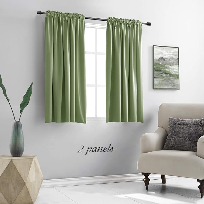DONREN Sage Green 45 Inch Length Short Curtains for Boy's Room - Bedroom Blackout Thermal Insulated Curtain Panels with Rod Pocket (42 by 45 Inch,2 Panels)