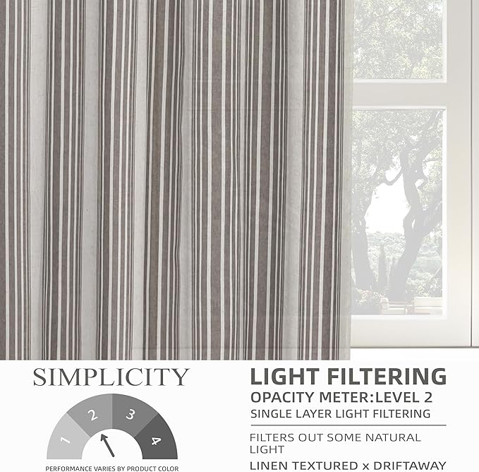DriftAway Farmhouse Vertical Striped Linen Blend Textured Light Filtering Semi Sheer Curtains for Living Room Bedroom 63 Inches Long Drapes 2 Panels Broad Striped Gray