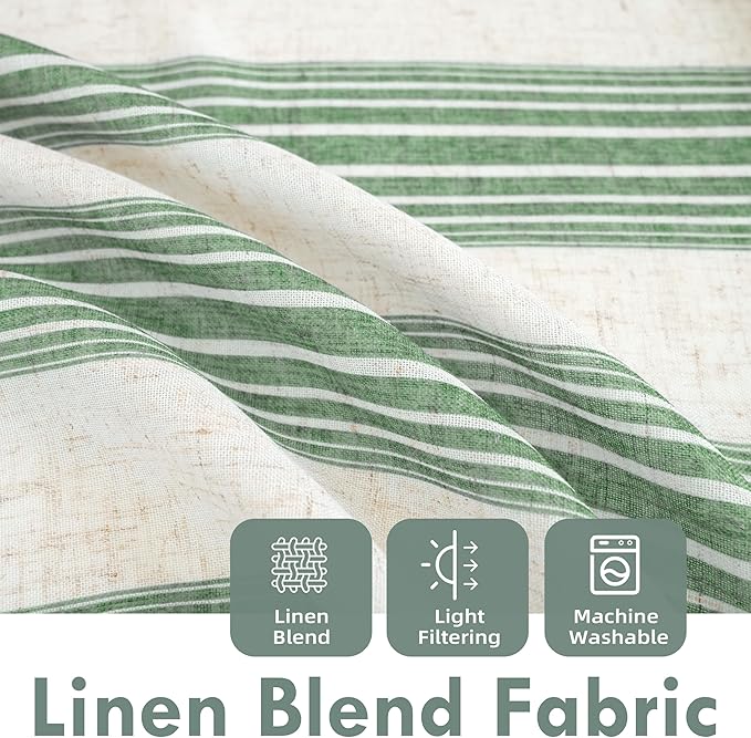 DriftAway Farmhouse Vertical Striped Linen Blend Textured Light Filtering Semi Sheer Curtains for Living Room Bedroom 96 Inches Long Drapes 2 Panels Broad Striped Linen Loden Green