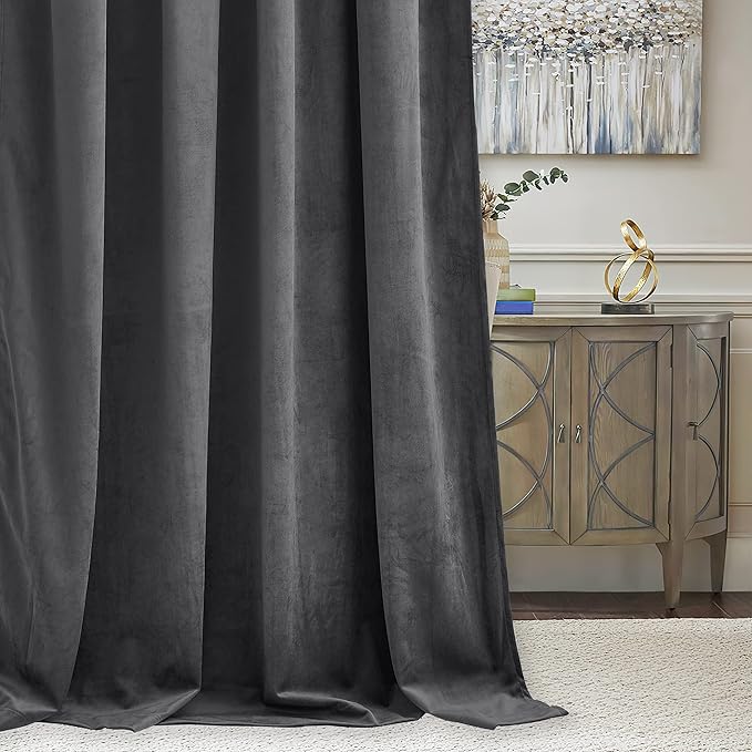 RYB Home Velvet Curtains for Living Room - Extra Long Luxury Back Tap Window Drapes Room Darkening Thermal Insulated Panels for Bedroom Home Office, Grey, W52 x L120 inches, 2 Pieces