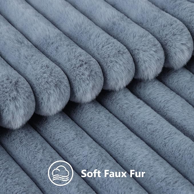 decorUhome Faux Fur Spring Throw Pillow Covers 18x18 Set of 2, Decorative Soft Plush Striped Neutral Couch Pillow Covers with Velvet Back for Sofa, Bed, Living Room Home, Grey Blue