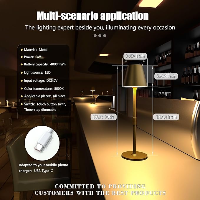 LED CordlessTable Lamp,4000mAh Rechargeable Battery Desk lamp,3 Level Brightness Beside Night Light, Minimalist Design, for Couple Dinner/Coffee Table/Restaurant/Bedroom(Bronze 2PACK)