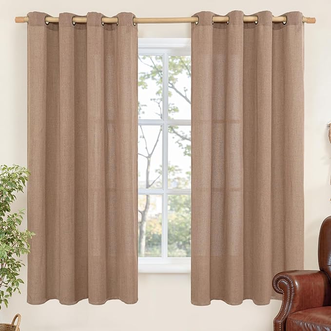 YoungsTex 63 Inch Length Mocha Brown Linen Curtains for Living Room Window, Light Filtering Drapes with Grommet Semi Sheer Rustic for Bedroom, 2 Panels, 52 X 63 Inch