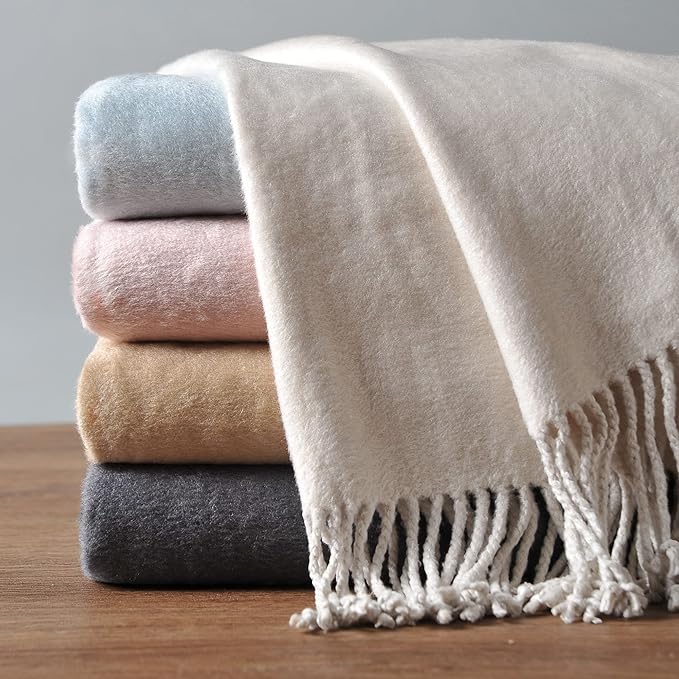 EP Mode Fringed Mulberry Silk Throw Blanket for Sofa (Whisper White)