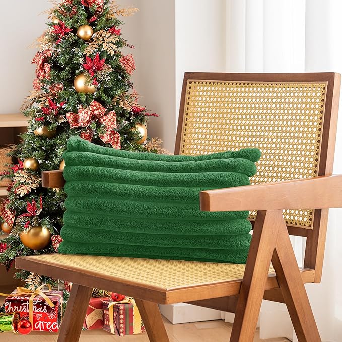 Christmas Dark Green Faux Fur Plush Lumbar Throw Pillow Covers 12x20 Set of 2 Fuzzy Striped Soft Cozy Pillowcase Luxury Decorative Pillows Fluffy Rectangle Cushion Cover Couch Bed