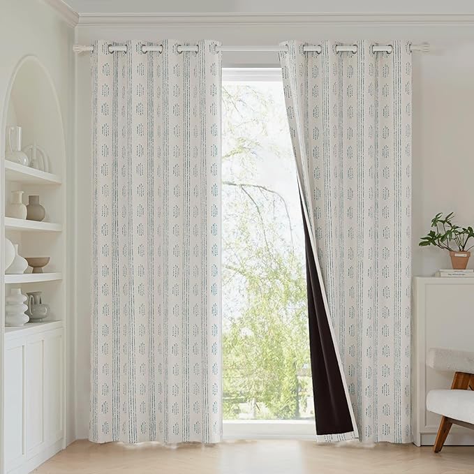 100% Boho Blackout Curtains 63 Inches Long for Bedroom, Blue on Beige Patterned Bohemian Curtains for Living Room, Geometric Striped Thermal Insulated Window Drapes Gromment Top 2 Panels
