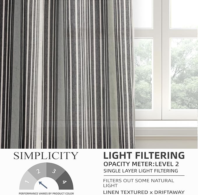 DriftAway Farmhouse Vertical Striped Linen Blend Textured Light Filtering Semi Sheer Curtains for Living Room Bedroom 63 Inches Long Drapes 2 Panels Broad Striped Black