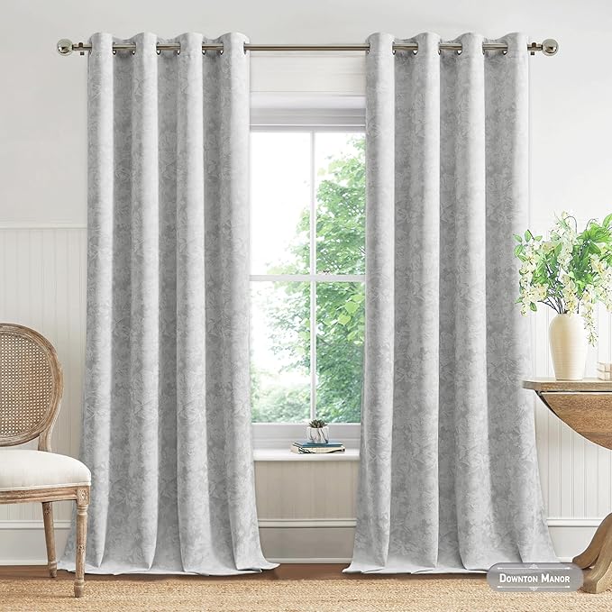 Beauoop Grey Floral Jacquard Blackout Curtains 63 Inches Long 2 Panels for Bedroom Living Room Gray Flower Chenille Room Darkening Thermal Insulated Soundproof Grommet Window Treatments Drapes, 52x63