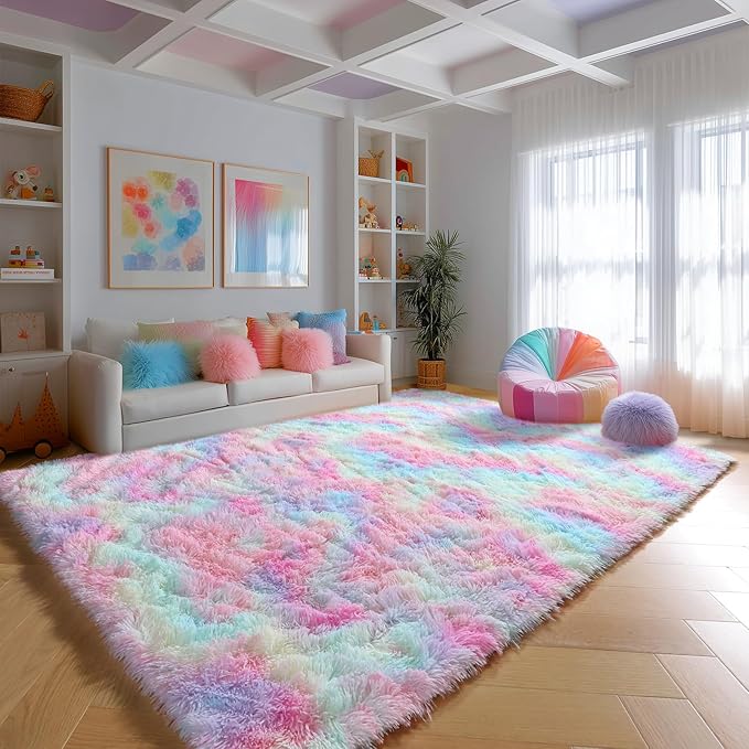 PAGISOFE 9x12 Rainbow Large Area Rug,Plush Rugs for Bedroom Girls,Shaggy Carpet for Kids Room,Fuzzy Nursery Rug for Baby's Toddler's Room,Clorful Room Decor for Teenage Pastel Princess Rug