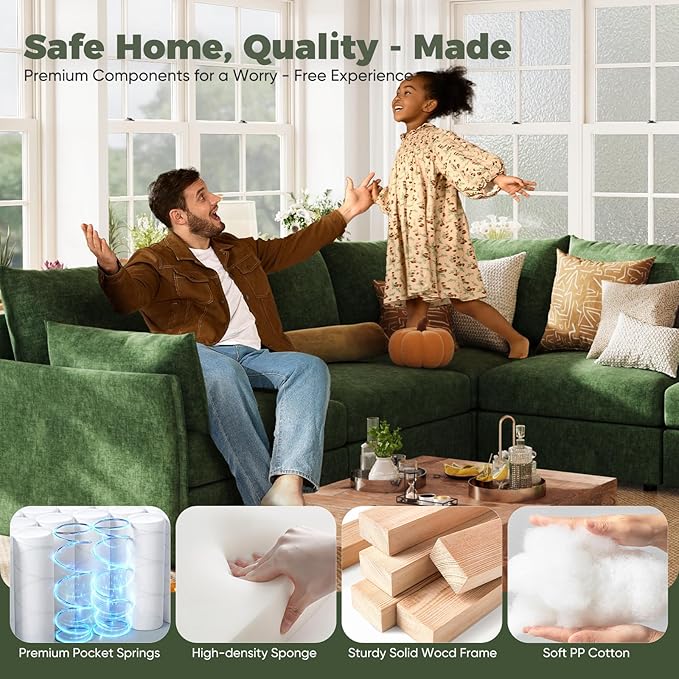 ABCASA 134.6" Oversized Modular Sectional Sofa, 6 Seater U Shaped Couch with Storage Ottoman with Reversible Chaise Deep Seat for Living Room, Apartment - Chenille Green