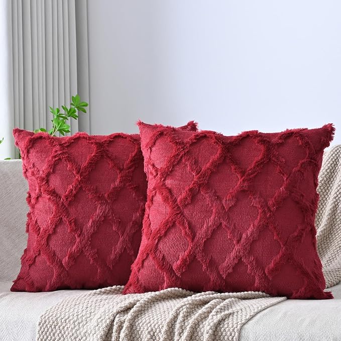 Set of 2 Soft Moroccan Throw Pillow Covers 18x18 Inch Plush Boho Decorative Pillow Cover Accent Cushion Case for Couch Sofa Bed, Burgundy