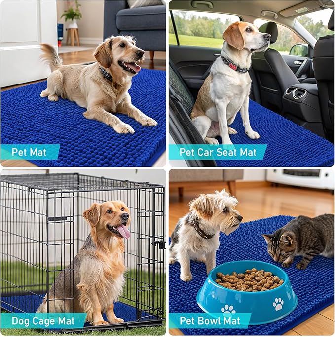 OLANLY Dog Door Mat for Muddy Paws 30x17, Absorbs Moisture and Dirt, Absorbent Non-Slip Washable Doormat, Quick Dry Chenille Mud Mat for Dogs, Entry Indoor Entryway Carpet for Inside Floor, Royal Blue