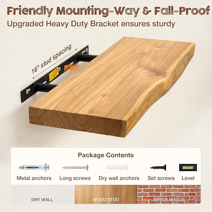 fuqing Live Edge Floating Shelves for Wall 48 inch, 8 Inch Deep Solid Elm Wood Floating Wall Shelves - Rustic Wooden Shelves with Invisible Brackets for Living Room Bedroom Kitchen, 1 Pack, Natural