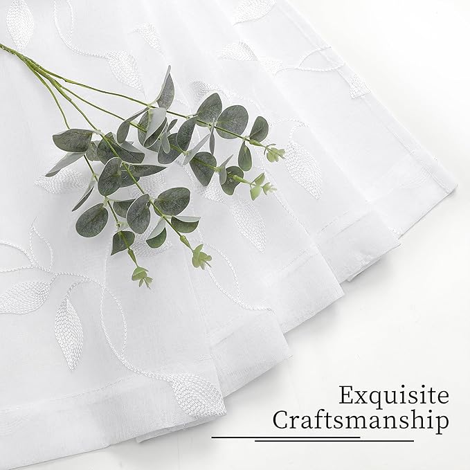 Tollpiz White Leaf Sheer Tier Curtain Leaves Embroidered Kitchen Curtains Rod Pocket Voile Bathroom Window Treatment for Cafe, 30 x 36 inches Long, Set of 2 Panels