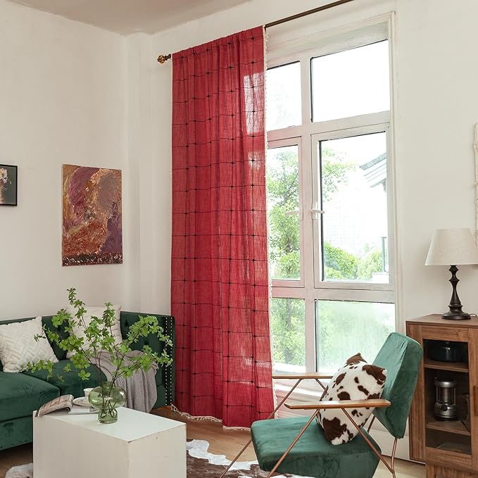 Sutuo Home Boho Curtains for Kitchen Nursery 63 Inch Length, Grid Linen Light Filtering Farmhouse Vintage Chic Tassels Window Treatment Bohemian Drape for Xmas Decor 1 Panel 52" W x 63" L, Red Plaids