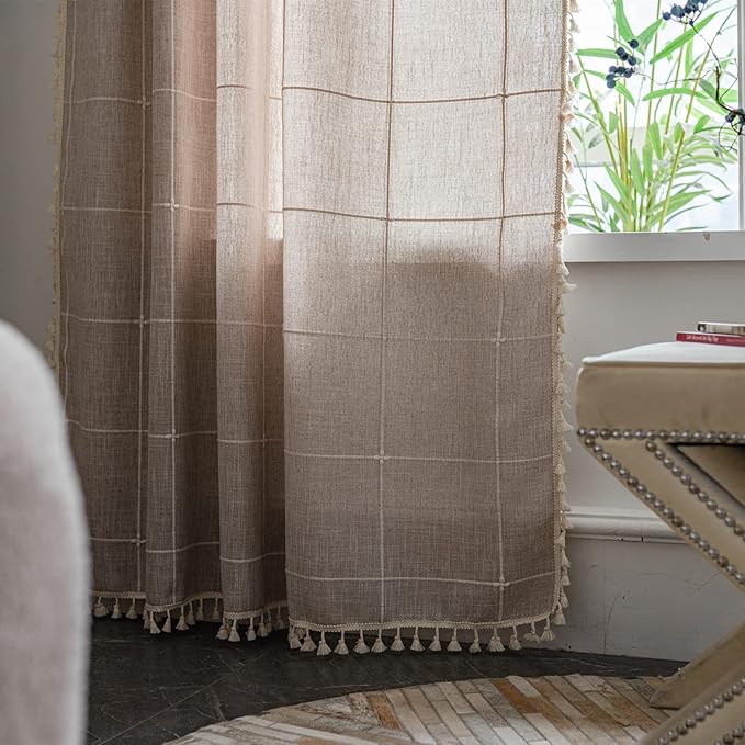 Sutuo Home Boho Curtains for Bedroom 96 Inches Long, Light Filtering Country Farmhouse Vintage Shabby Chic Tassels Window Treatment Bohemian Grid Drape for Decor 1 Panel 52" W x 96" L, Natural Plaids