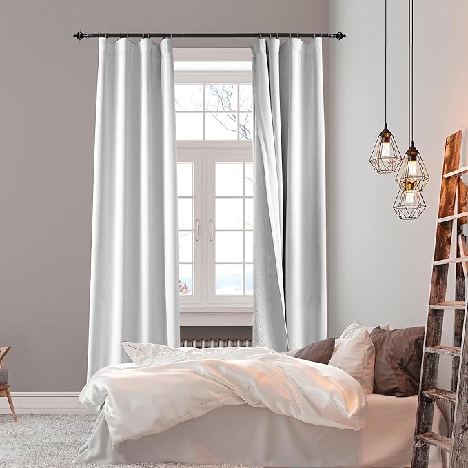 3-in-1 100% Blackout Curtains 90 Inches Long, Thermal Insulation, Soundproof Back Tab Drapes for Bedroom Living Room Sliding Glass Door, with Pin Hooks, Grayish White 50x90Inch 1 Panel