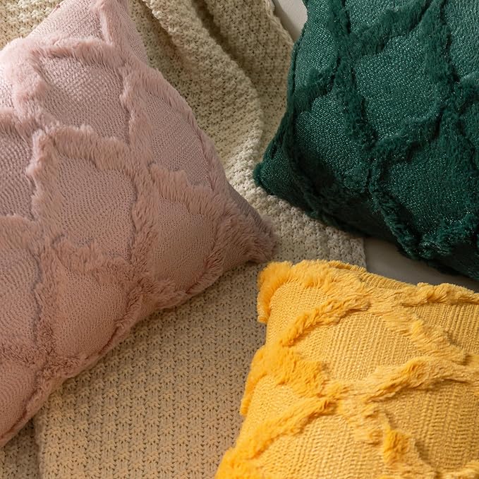 Set of 2 Soft Moroccan Throw Pillow Covers 22x22 Inch Plush Boho Decorative Pillow Cover Accent Cushion Case for Couch Sofa Bed, Dark Green