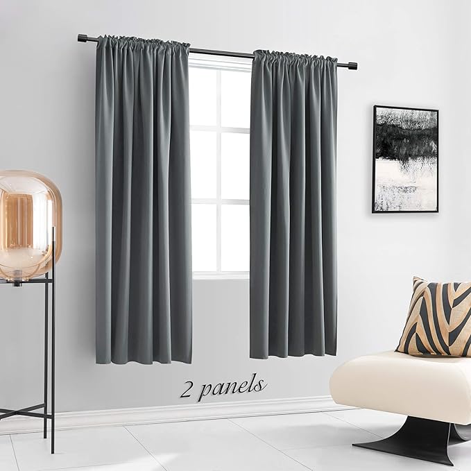 DONREN Medium Grey Curtain Panels for Living Room - Blackout Thermal Insulated Room Darkening Rod Pocket Drapes for Kitchen (52 by 63 Inch,2 Panels)