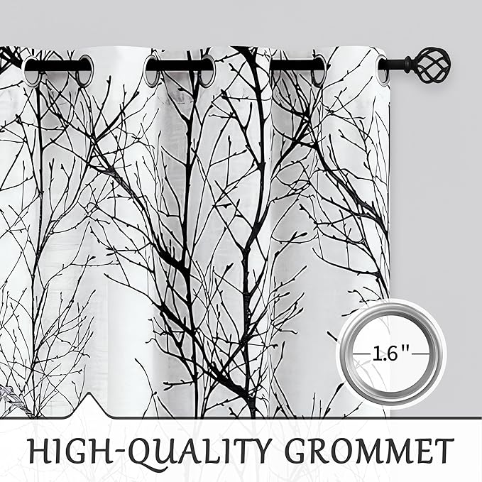 FMFUNCTEX Linen Semi Sheer Curtains for Bedroom, Black White Curtains 72 Inches Long for Living Room, Grey Tree Branch Patterned Curtain Light Filtering Farmhouse Window Drapes, Grommet Top 2 Panels