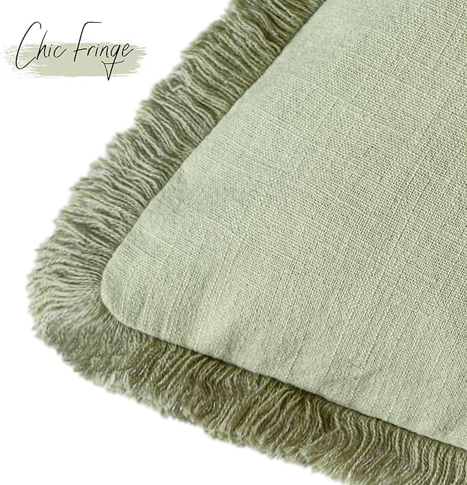 Foindtower Set of 2 Decorative Linen Fringe Throw Pillow Covers Boho Farmhouse Cushion Cover with Tassels Soft Accent Pillowcase for Couch Sofa Bed Living Room Home Decor,20×20 Inch,Light Sage Green
