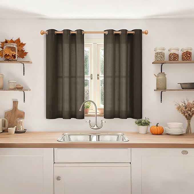 YoungsTex Short Brown Linen Curtains 40 Inch Length for Kitchen Cafe Window, Light Filtering Drapes Semi Sheer with Grommet for Cafe Bathroom Window, 2 Panels, 42 X 40 Inch