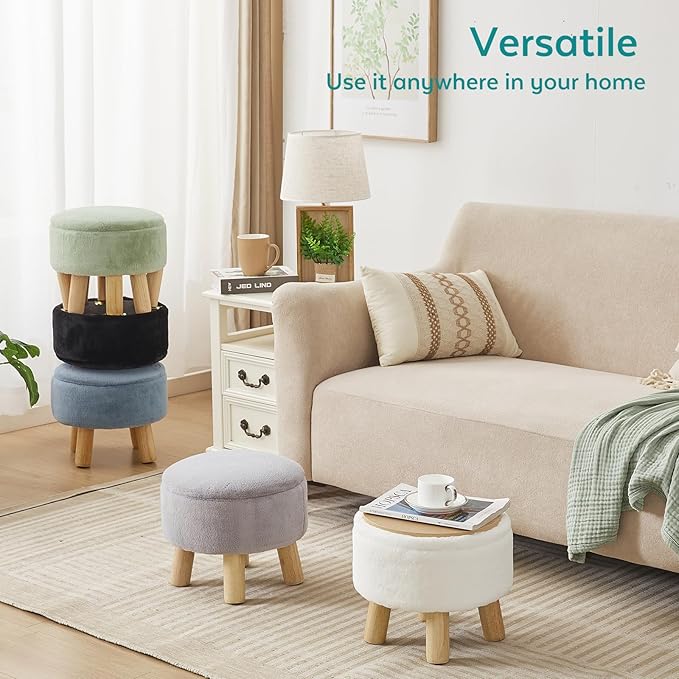 FIMIVIBI Small Foot Stool Ottoman with Storage, Soft Faux Fur Ottoman Foot Rest for Couch, Round Footstool with Storage, Small Ottomans and Footstools for Living Room and Entryway (Gray)
