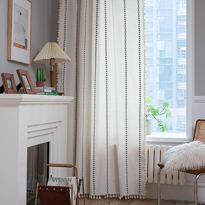 Sutuo Home Boho Curtains 90 inches for Bedroom Living Room, Semi Blackout Farmhouse Tassels Vintage Privacy Bohemian Embroidery Drape, Rod Pocket 1 Panel 52" W x 90" L, White and Emerald Green