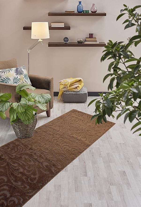 12 FT Long Non-Slip Washable Brown Carpet Runner Rug with Rubber Backing (26" X 12'), Custom Floor Mat for Kitchen Hallway Stairs Bedroom Bathroom Entryway, Your Choice of Length, Floral Pattern