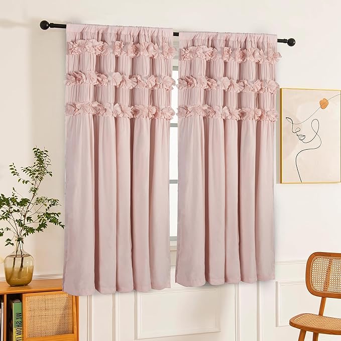Luxurious Peach Pink Blackout Curtains with 3 Rows of Handmade Butterfly Flower Ruffles, Room Darkening and Soundproof Window Curtain 42" W x 63" L (Pair), Machine Washable (LQ-37)