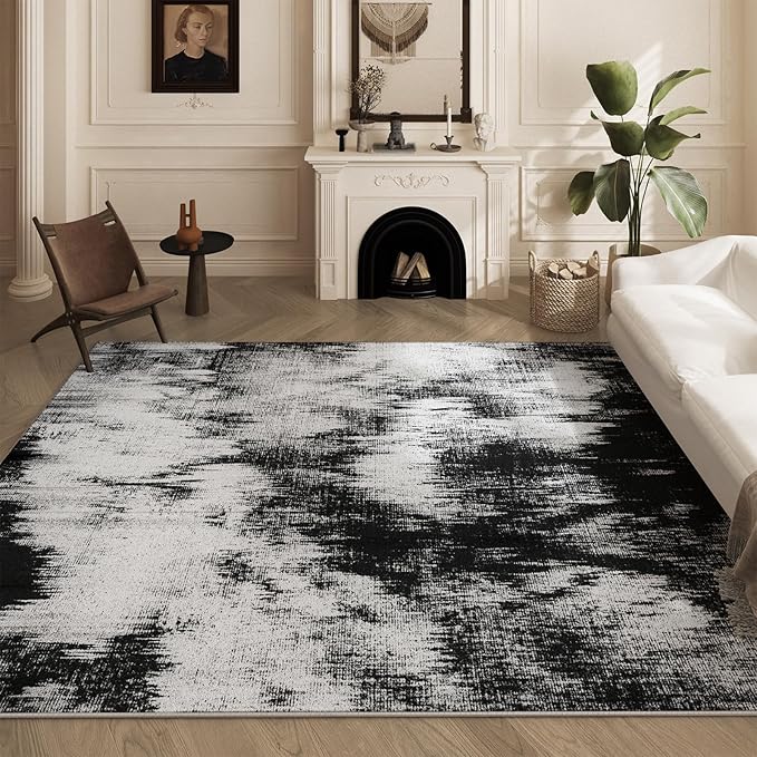 5x7 Area Rug Living Room Rugs - Machine Washable Neutral Abstract Rugs for Dinning Room Indoor Floor Non Silp Rug Carpet for Bedroom Home Office - Black White