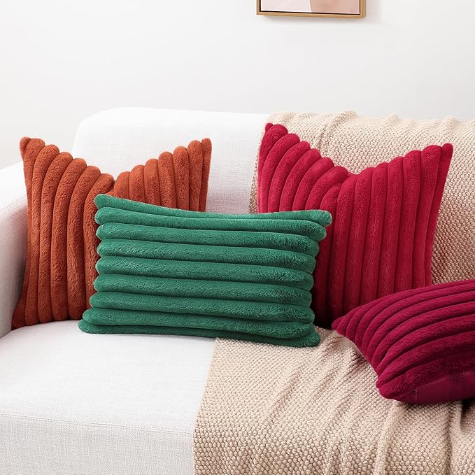 decorUhome Faux Fur Spring Throw Pillow Covers 20x20 Set of 2, Decorative Soft Plush Striped Neutral Couch Pillow Covers with Velvet Back for Sofa, Bed, Living Room Home, Red