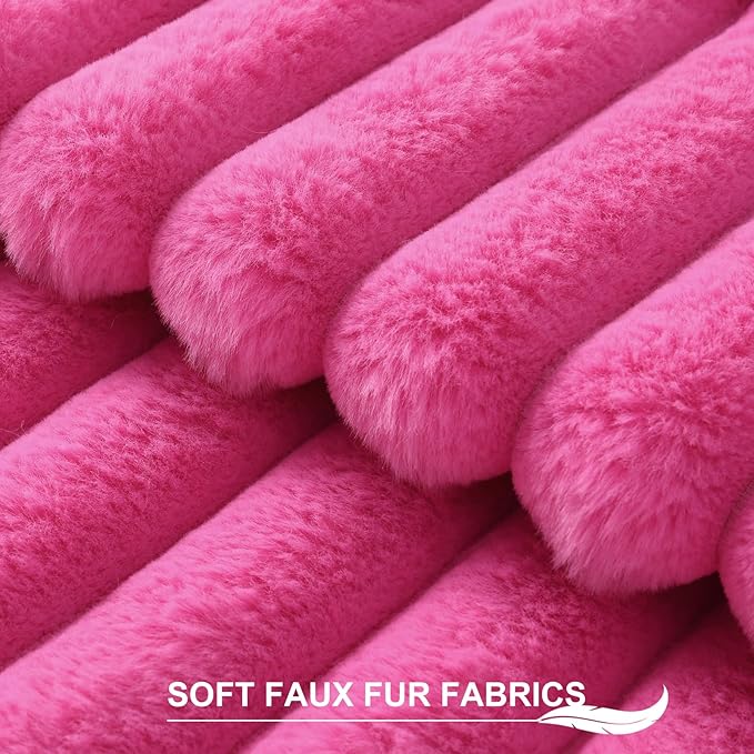 Pallene Faux Fur Plush Throw Pillow Covers 26x26 Set of 2, Luxury Soft Fluffy Striped Decorative Pillow Covers for Sofa, Couch, Living Room, Hot Pink