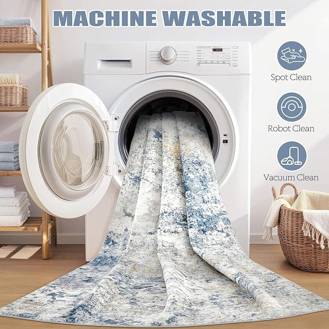 Area Rug Living Room Rugs - 8x10 Abstract Large Soft Indoor Washable Rug Neutral Modern Low Pile Carpet for Bedroom Dining Room Farmhouse Home Office - Blue