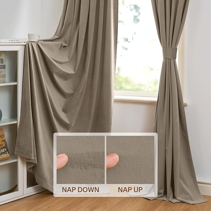 StangH Camel Beige Velvet Curtains 90 inches Long Heavy Thick Privacy Room Dividers Thermal Insulated Light Blocking Window Drapes for Dining Living Room, W62 x L90, 2 Panels