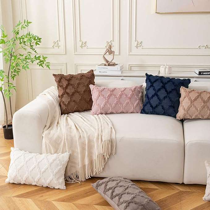 Set of 2 Soft Moroccan Throw Pillow Covers 20x20 Inch Plush Boho Decorative Pillow Cover Accent Cushion Case for Couch Sofa Bed, Navy Blue