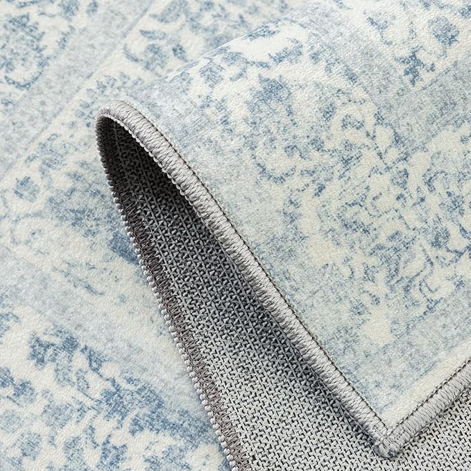 Blue Runner Rug 3x7 Hallway Machine Washable Kitchen Vintage Distressed Non Slip Long Carpet Indoor Retro Floral Bedroom Accent Throw Rug for Bathroom Office Laundry Dining Room
