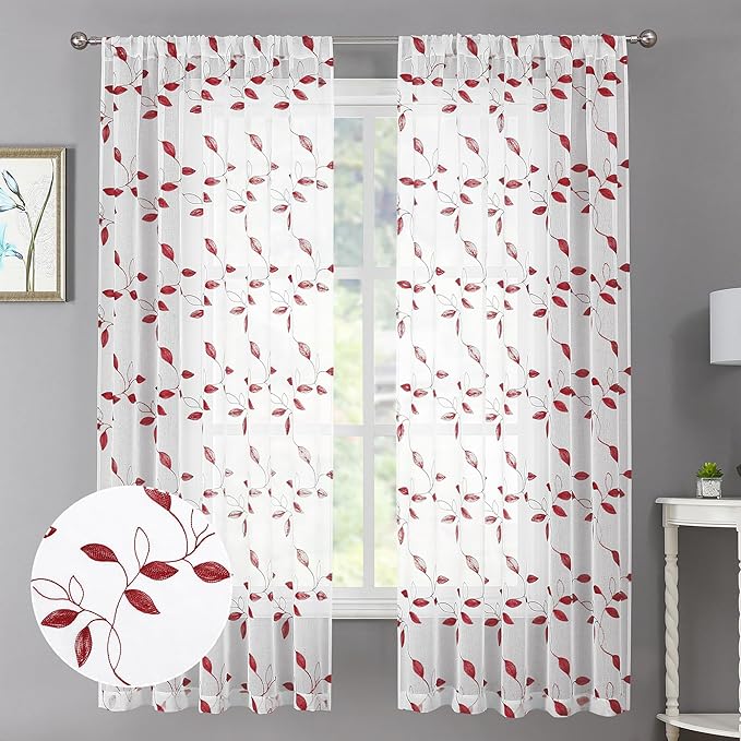 Tollpiz Burgundy Red Leaf Sheer Curtain Leaves Embroidered Living Room Short Curtains Rod Pocket Voile Window Treatment for Bedroom, 54 x 54 inches Long, Set of 2 Panels