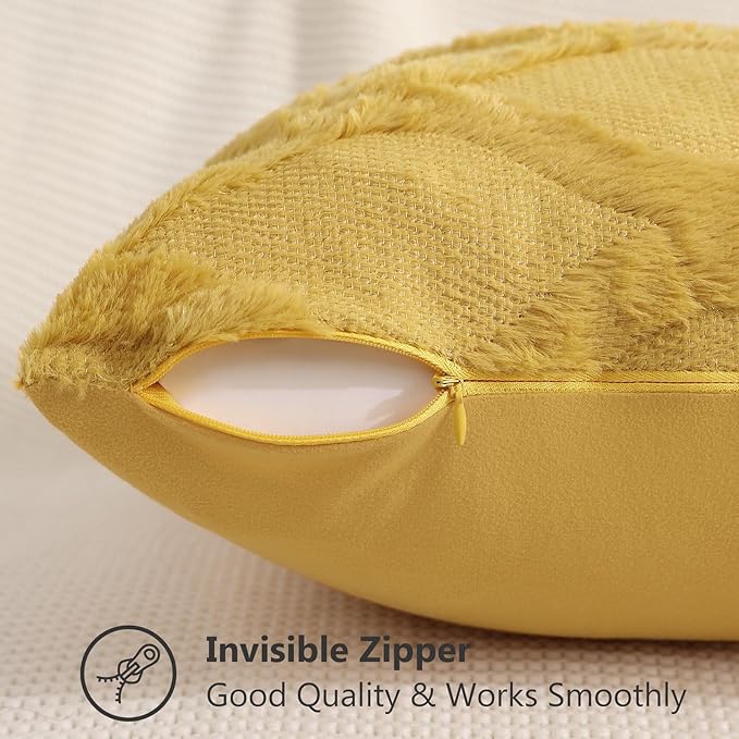 decorUhome Spring Throw Pillow Covers 12x20 Inch Set of 2, Soft Plush Faux Fur Wool Lumbar Mustard Yellow Couch Pillow Covers, Decorative Neutral Pillow Cases for Bed Sofa Living Room Home Decor