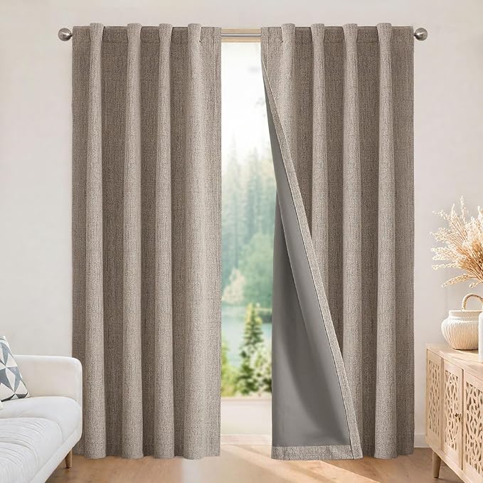 Joydeco Linen Blackout Curtains for Bedroom - 100% Light Blocking 1 Panels, Linen Drapes 70" W x 90" L, Thermal Insulated Room Darkening Curtains for Living Room, Rod Pocket & Back Tabs